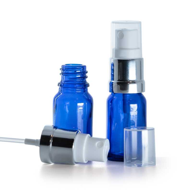 Envase de vidrio, azul, pulverizador blanco plateado, 10 ml