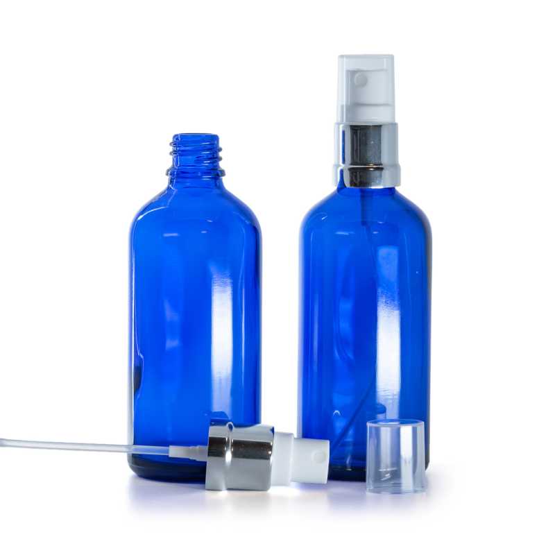 Botella de vidrio, azul, pulverizador blanco plateado brillante, 100 ml