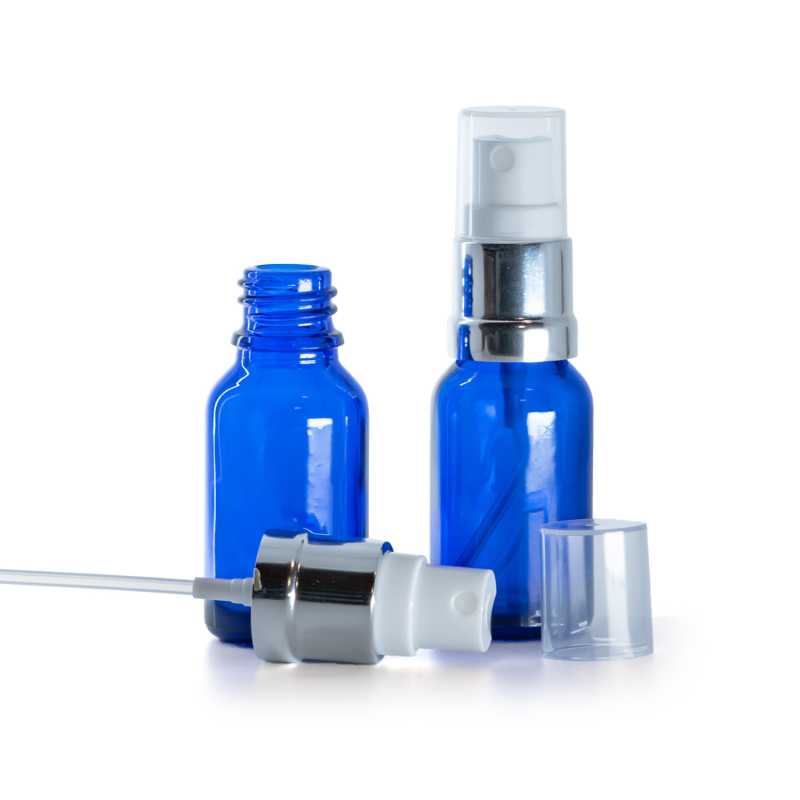 Botella de vidrio, azul, pulverizador blanco plateado, 15 ml