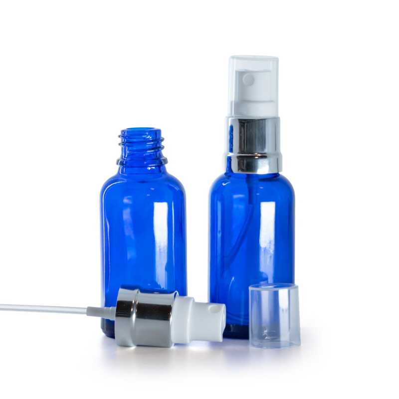 Botella de vidrio, azul, pulverizador blanco plateado brillante, 30 ml