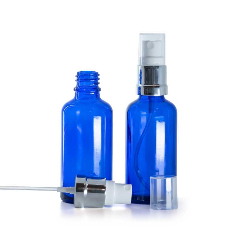 Botella de vidrio, azul, pulverizador, 50 ml