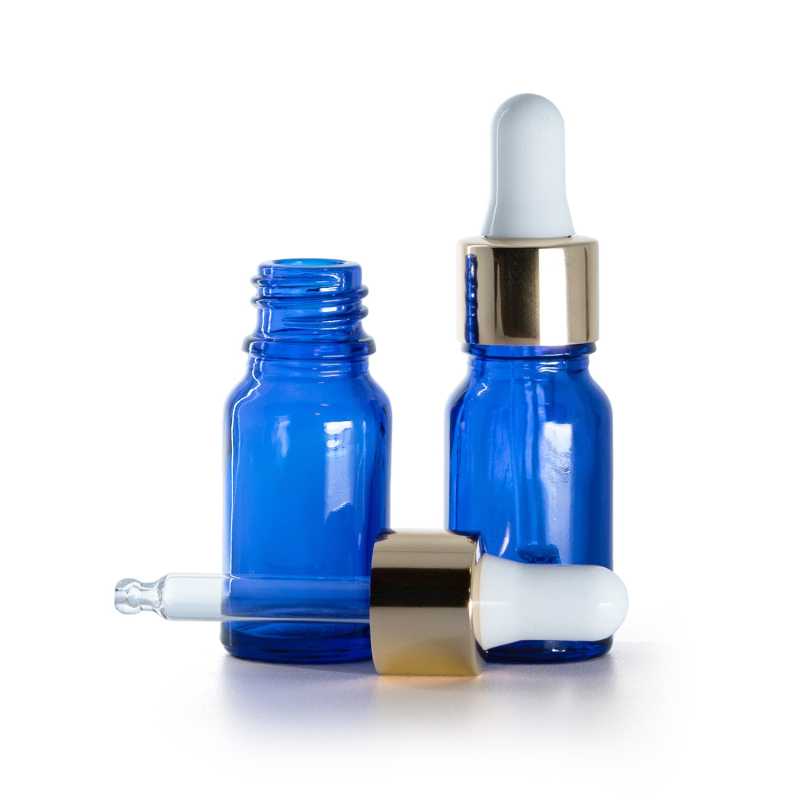 Frasco de vidrio, azul, gotero blanco y dorado, 10 ml