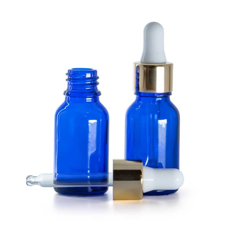 Botella de vidrio, azul, cuentagotas blanco dorado, 15 ml