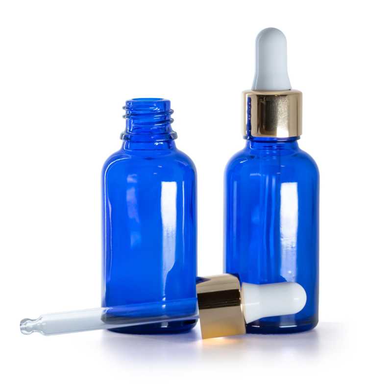 Frasco de vidrio, azul, cuentagotas blanco y dorado, 30 ml