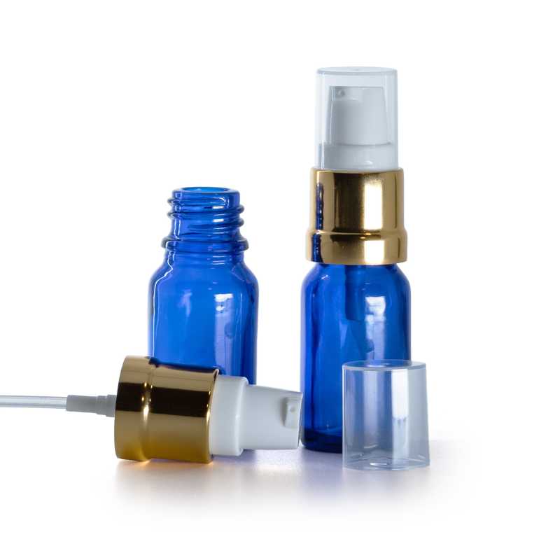 Frasco de vidrio, azul, dosificador blanco dorado brillante, 10 ml