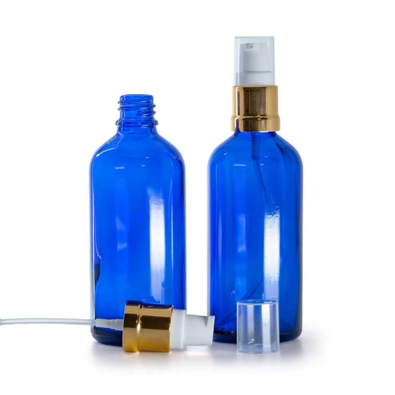 Botella de vidrio, azul, dispensador blanco dorado brillante, 100 ml