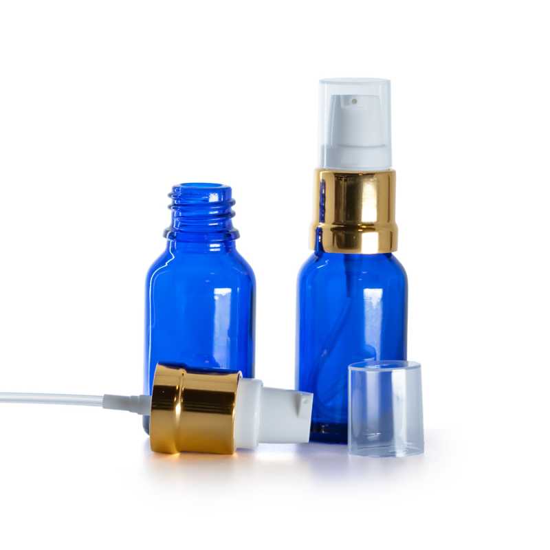 Envase de vidrio, azul, bomba blanca dorada brillante, 15 ml