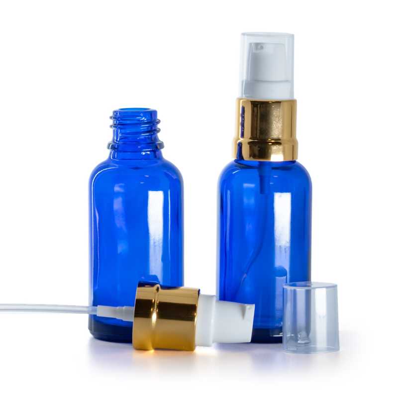 Frasco de vidrio azul, dosificador blanco dorado brillante, 30 ml