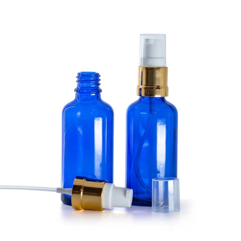 Botella de vidrio, azul, dispensador blanco dorado brillante, 50 ml