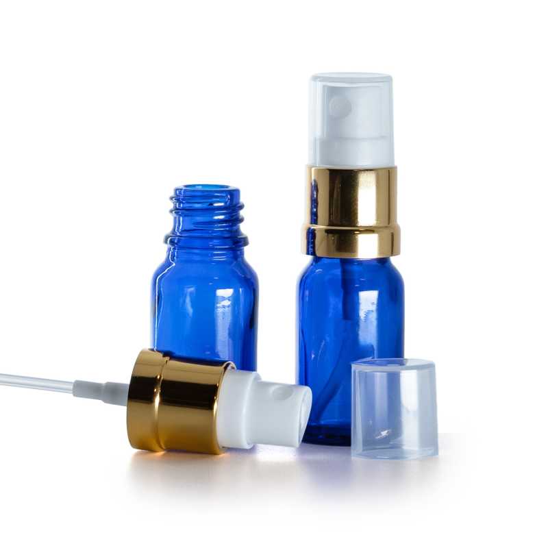 Botella de vidrio azul, pulverizador blanco dorado brillante, 10 ml