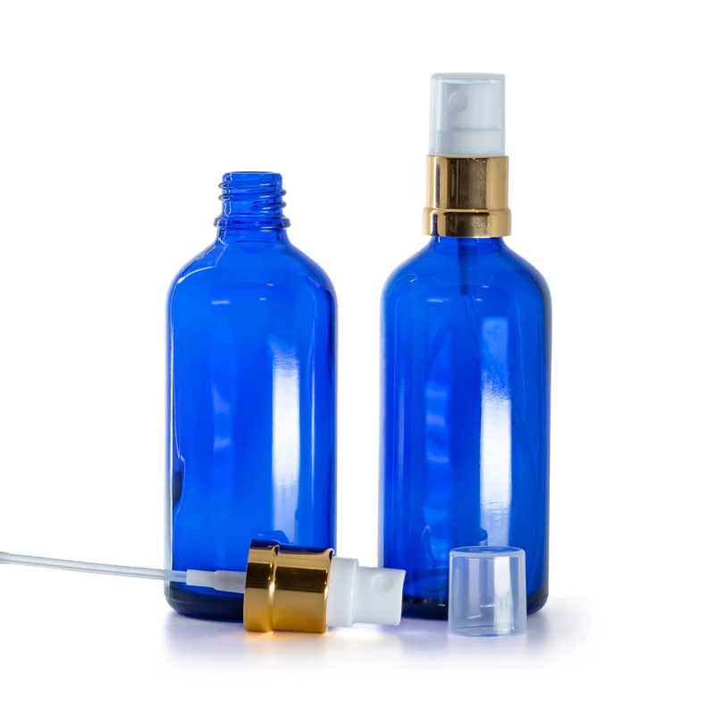 Botella de vidrio, azul, pulverizador blanco dorado brillante, 100 ml
