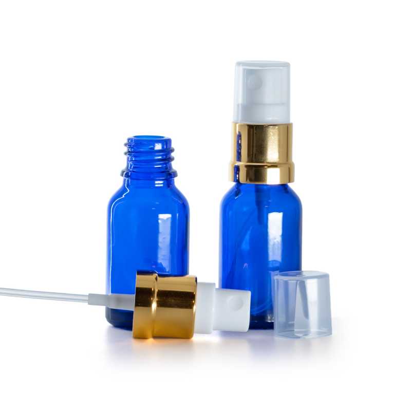 Botella de vidrio, azul, pulverizador blanco dorado, 15 ml