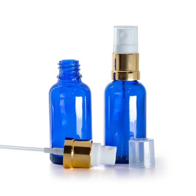 Botella de vidrio, azul, pulverizador blanco dorado, 30 ml