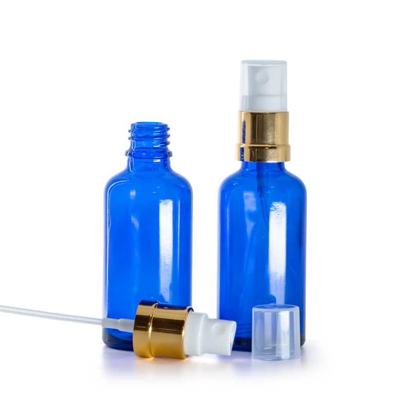 Botella de vidrio, azul, pulverizador blanco dorado brillante, 50 ml