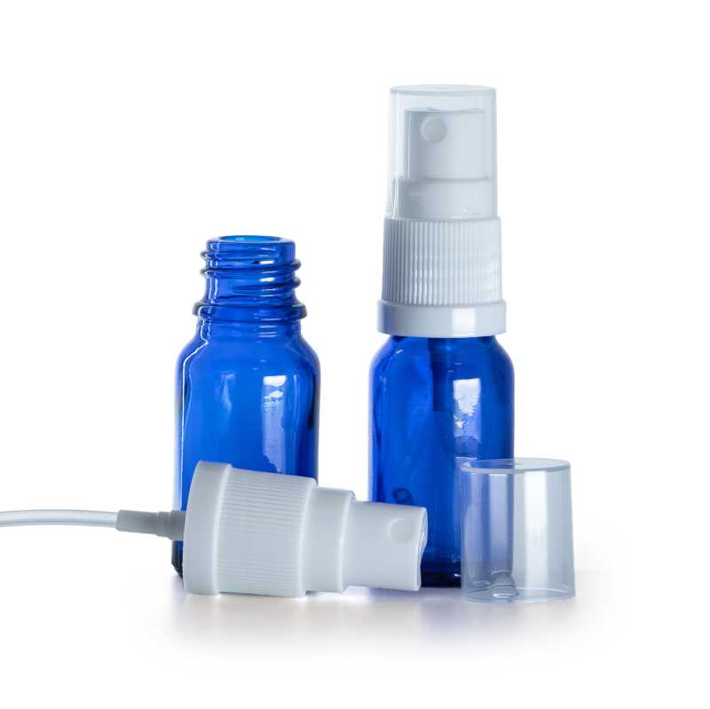 Envase de vidrio, azul, pulverizador blanco, 10 ml