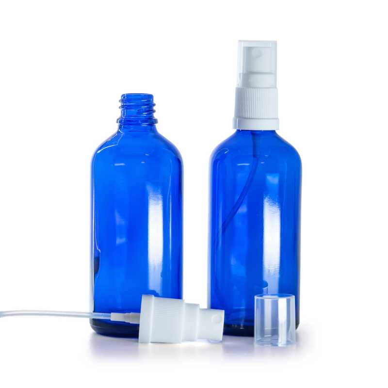 Botella de vidrio, azul, pulverizador blanco, 100 ml