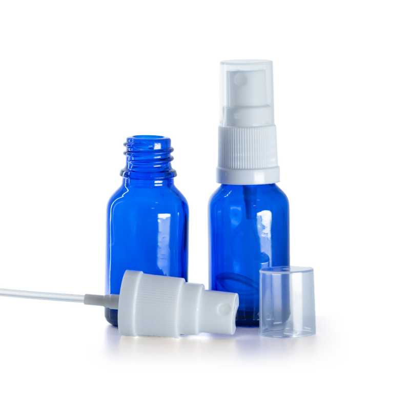 Botella de vidrio, azul, pulverizador blanco, 15 ml