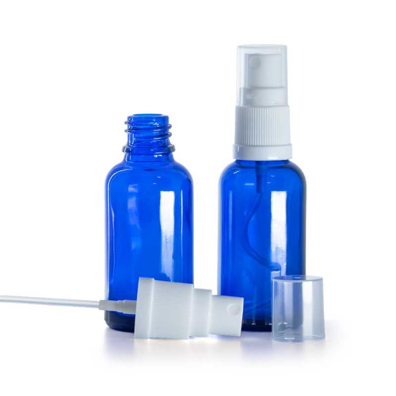 Botella de vidrio, azul, pulverizador blanco, 30 ml