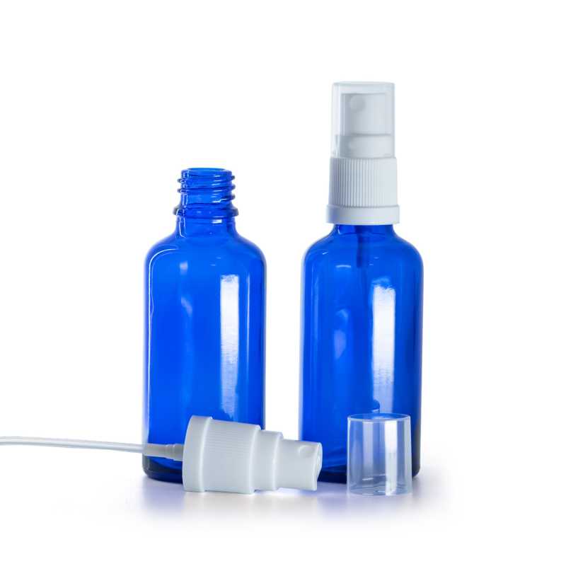 Botella de vidrio, azul, pulverizador, 50 ml