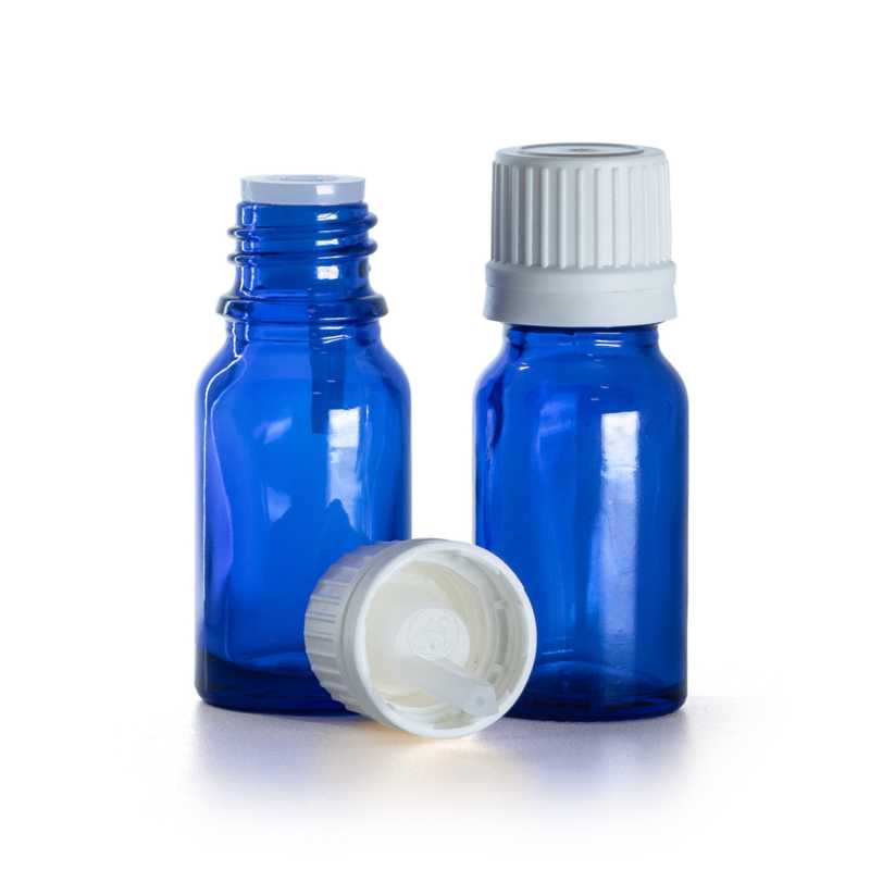 Frasco de vidrio azul, tapón blanco con cuentagotas interior, 10 ml