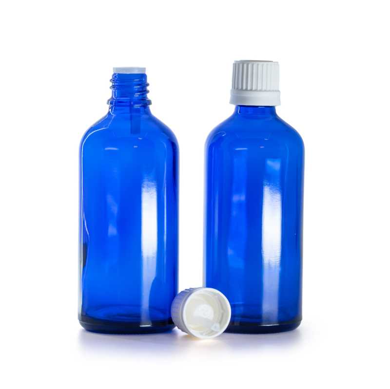 Frasco de vidrio azul, tapón blanco con cuentagotas, 100 ml