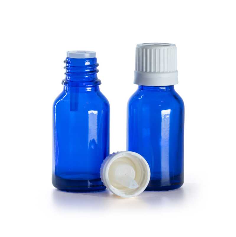 Frasco de vidrio azul, tapón blanco con gotero interior y cierre de seguridad, 15 ml