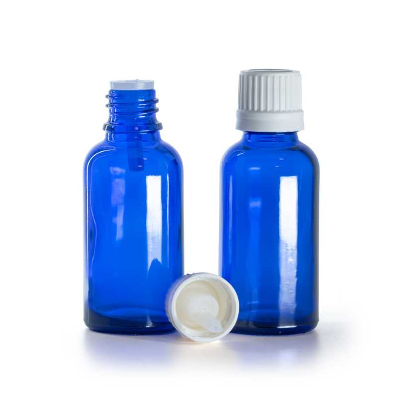 Frasco de vidrio azul, tapón blanco con cuentagotas, 30 ml