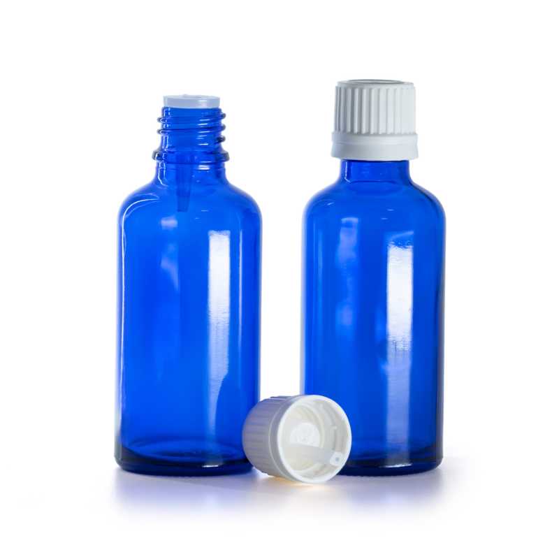 Frasco de vidrio azul, tapón blanco inviolable con cuentagotas interior, 50 ml