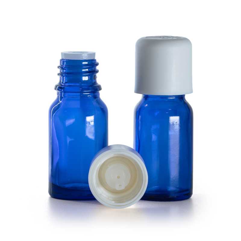 Botella de vidrio, azul, tapón de seguridad blanco con cuentagotas, 10 ml