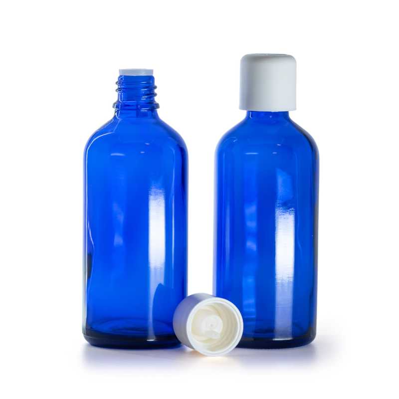 Botella de vidrio, azul, tapón de seguridad blanco con cuentagotas, 100 ml