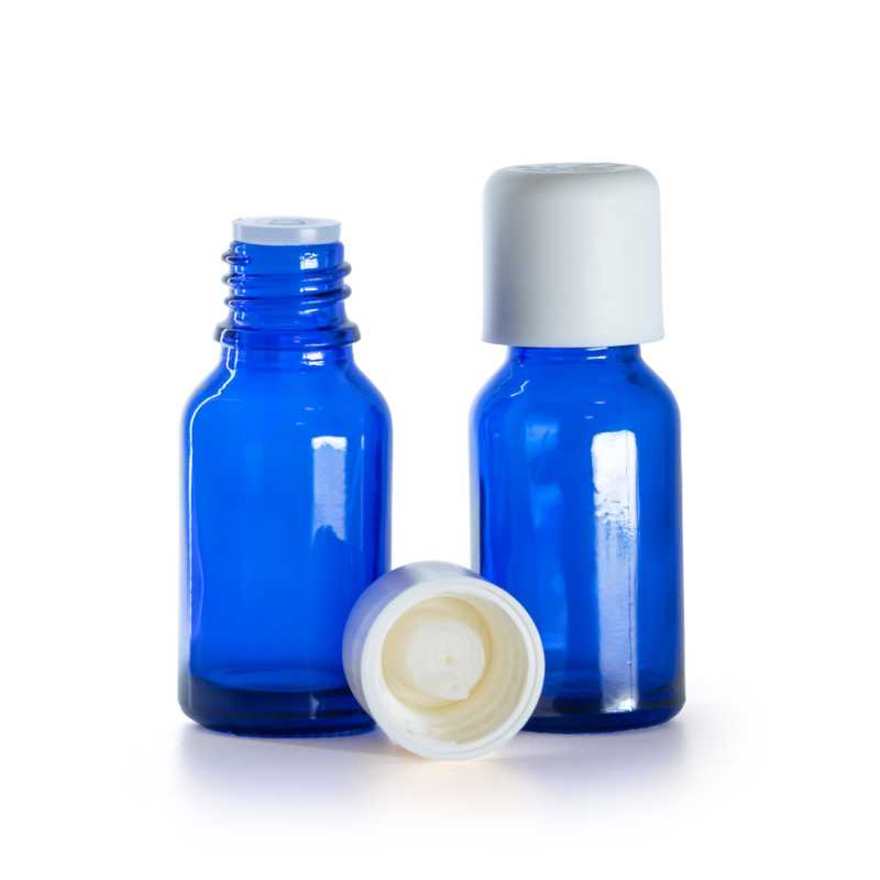 Botella de vidrio, azul, tapón de seguridad blanco con cuentagotas, 15 ml
