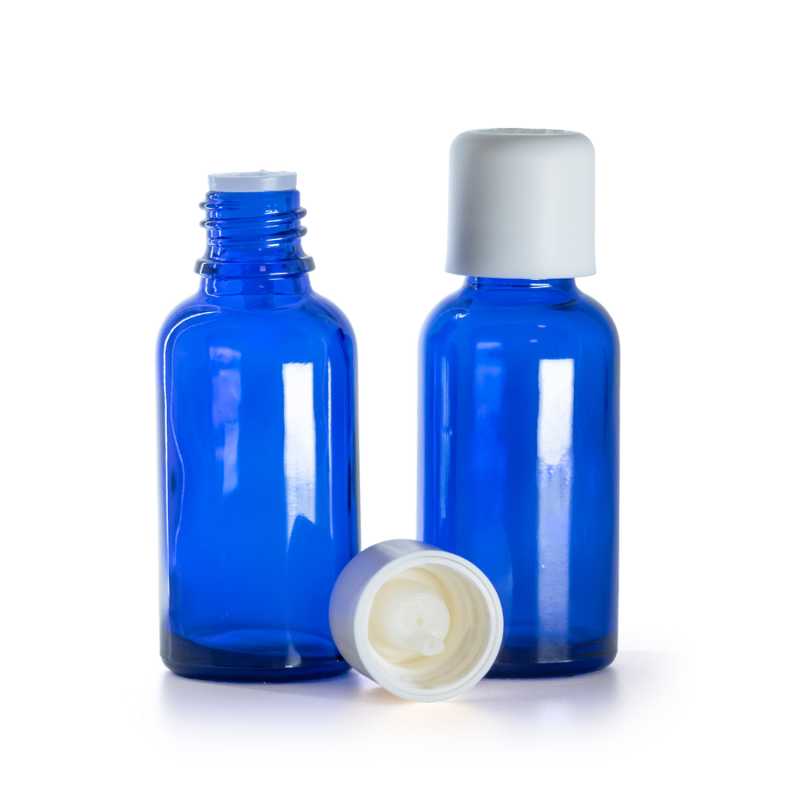 Botella de vidrio, azul, tapón de seguridad blanco con cuentagotas, 30 ml