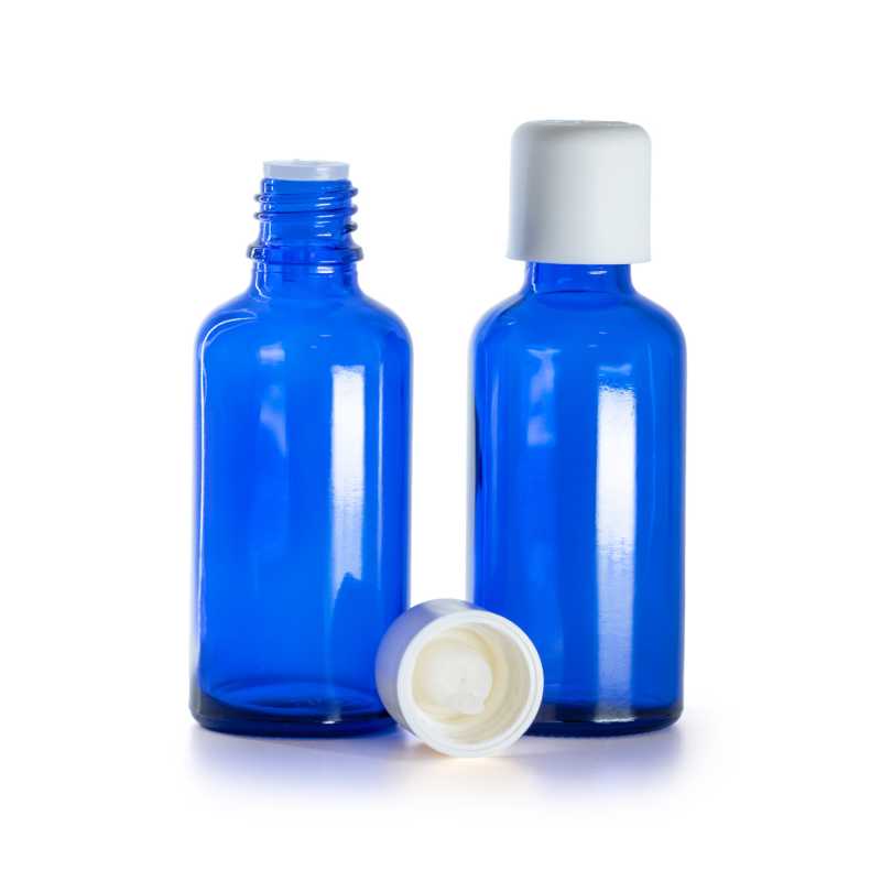 Frasco de vidrio, azul, tapón de seguridad blanco con cuentagotas, 50 ml