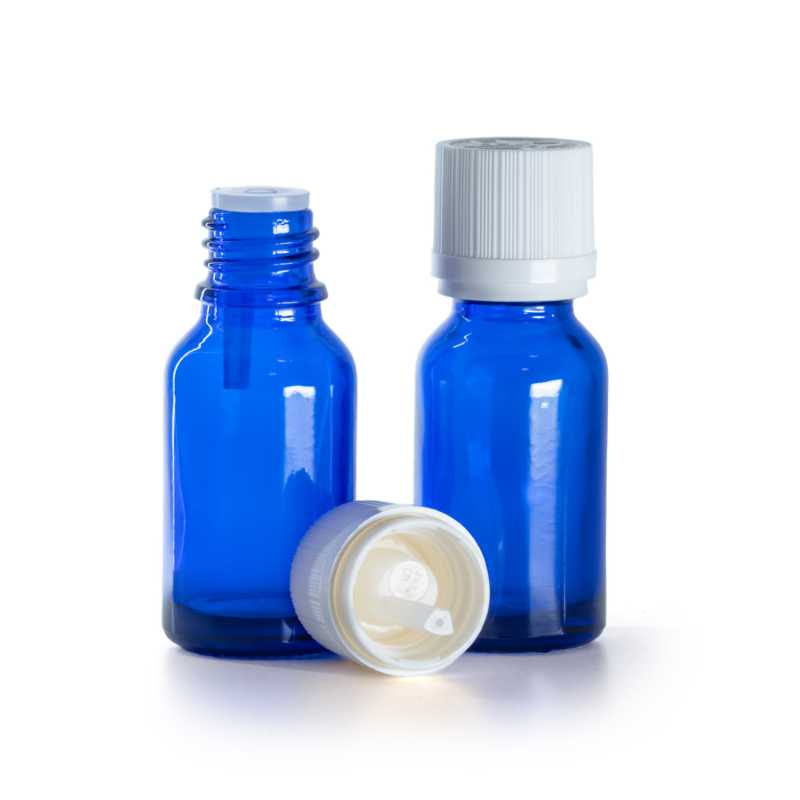 Frasco de vidrio, gotero, azul, tapón de seguridad inviolable blanco, 15 ml