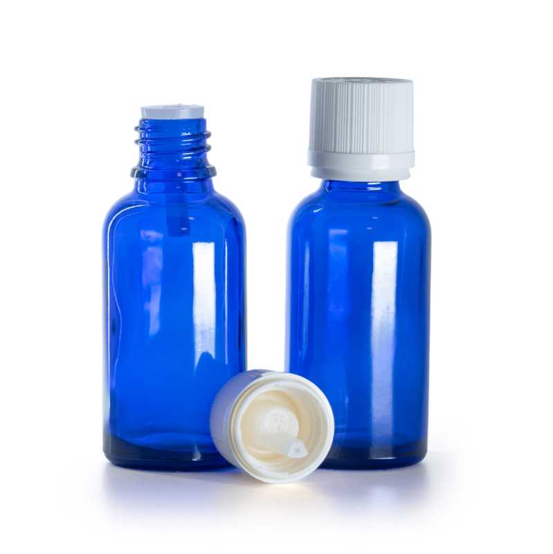 Frasco de vidrio, azul, tapón inviolable blanco con gotero, 30 ml