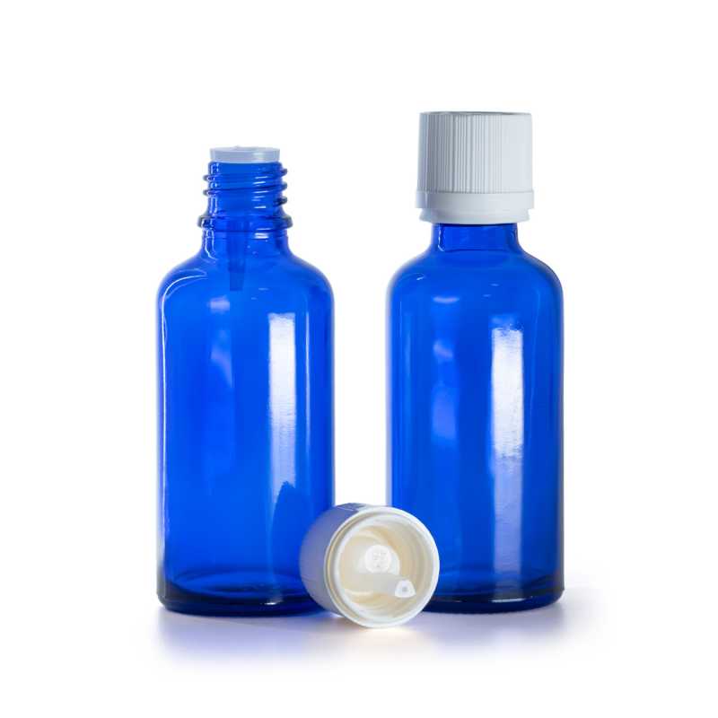 Botella de vidrio, azul, tapón de seguridad blanco con cuentagotas, 50 ml