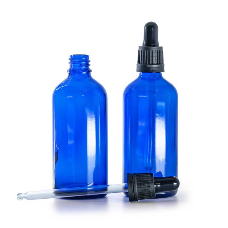 Frasco de vidrio, azul, cierre cuentagotas inviolable negro, 100 ml