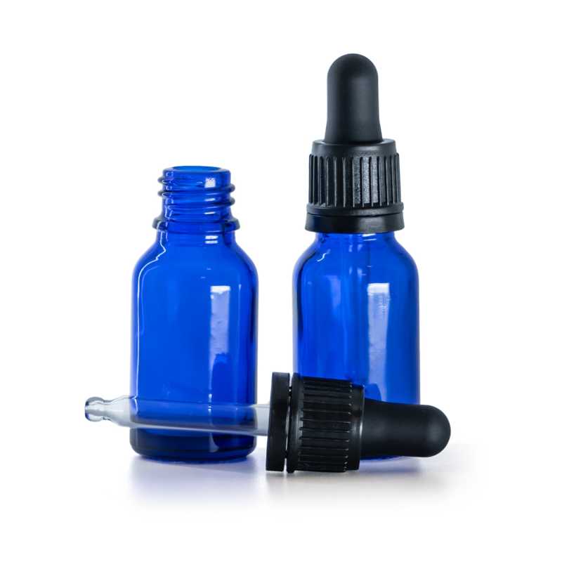 Frasco de vidrio, azul, cuentagotas negro inviolable, 15 ml