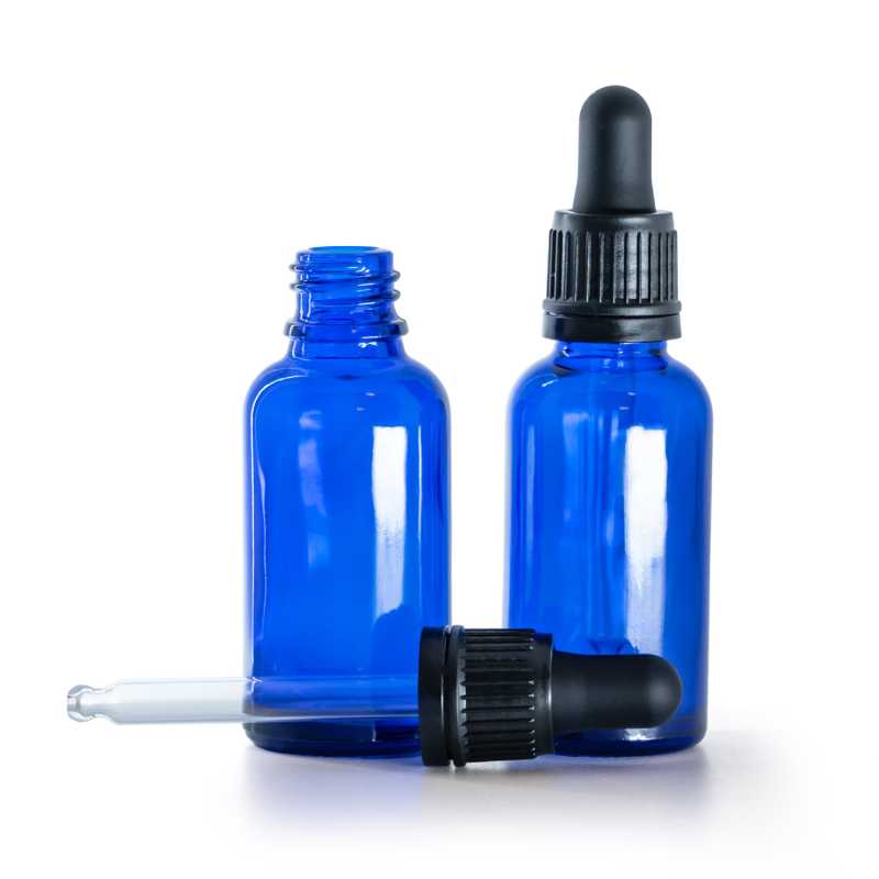 Frasco de vidrio, azul, cuentagotas negro inviolable, 30 ml