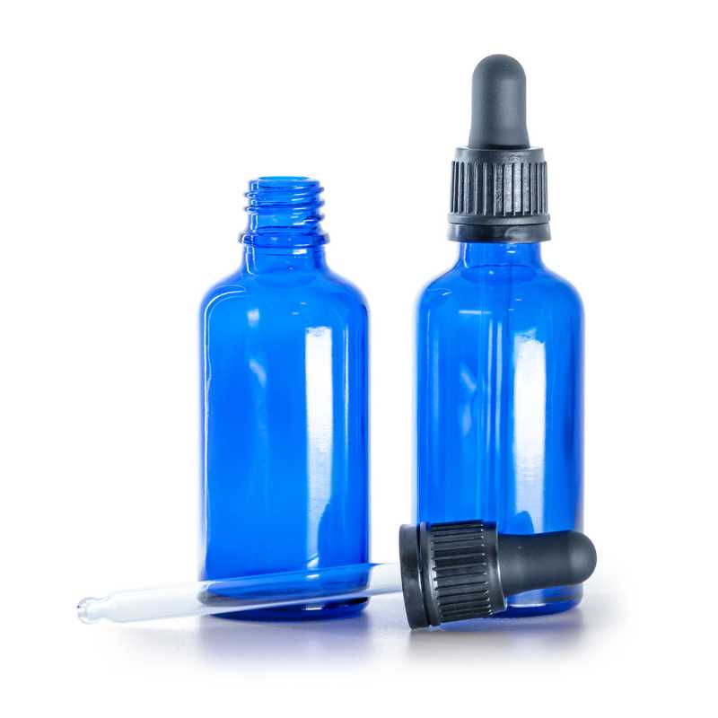Frasco de vidrio, azul, cuentagotas inviolable negro, 50 ml