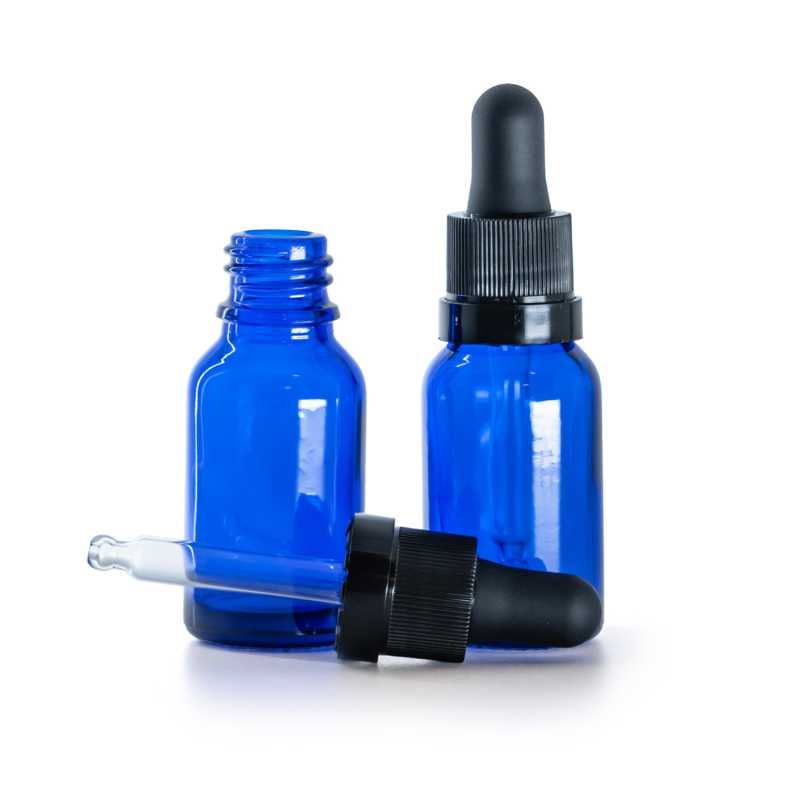 Botella de vidrio, azul, cuentagotas negro mate con franja brillante, 15 ml