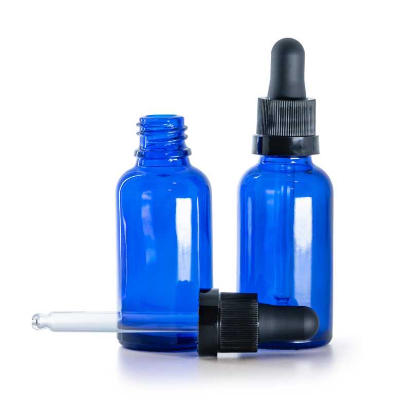 Botella de vidrio, azul, cuentagotas negro mate con anillo brillante, 30 ml