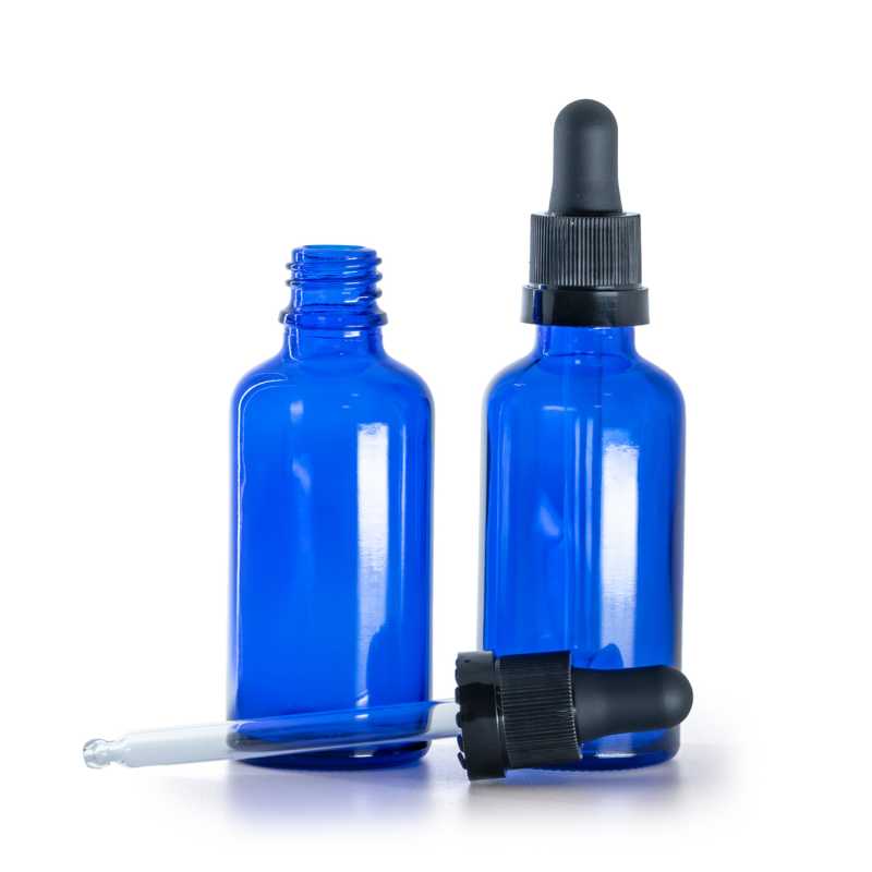 Frasco de vidrio, azul, cuentagotas negro mate con franja brillante, 50 ml