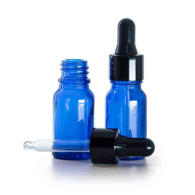 Botella de vidrio, azul, cuentagotas negro brillante, 10 ml