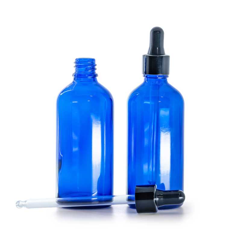 Frasco de vidrio, azul, cuentagotas negro brillante, 100 ml