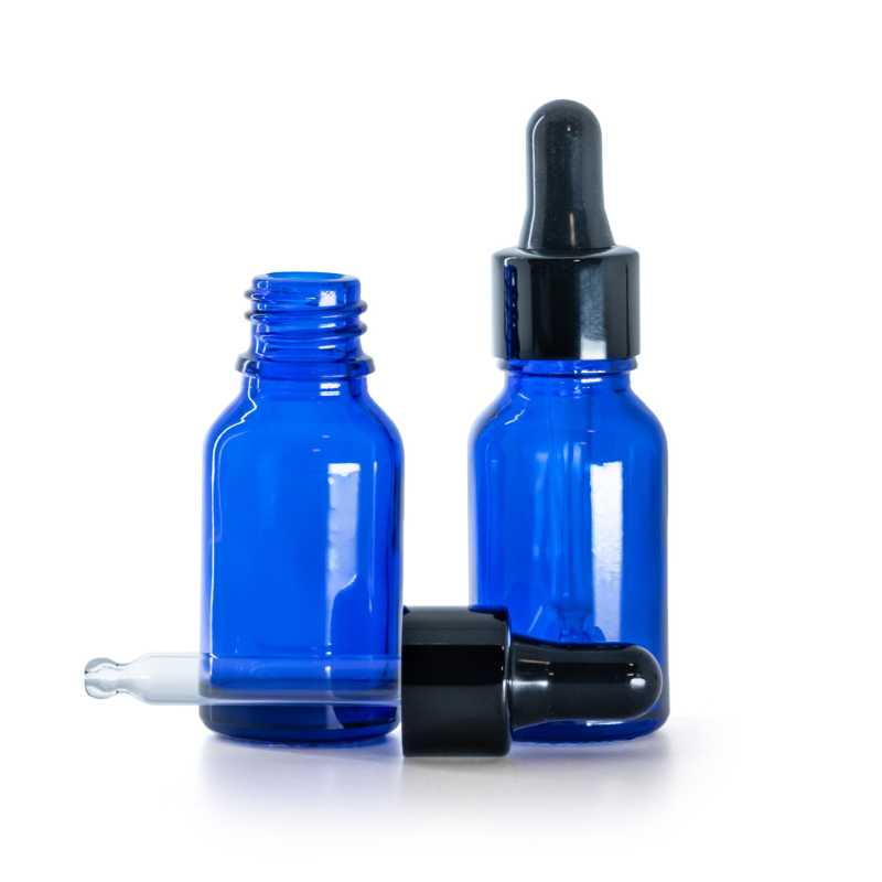 Botella de vidrio, azul, gotero negro brillante, 15 ml