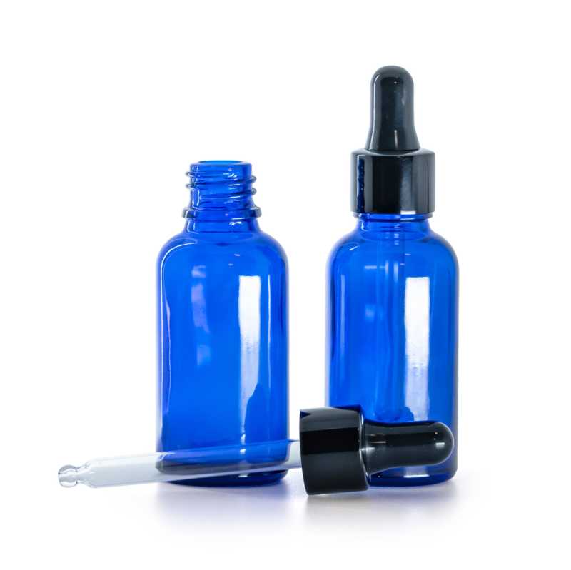 Frasco de vidrio, azul, cuentagotas negro brillante, 30 ml