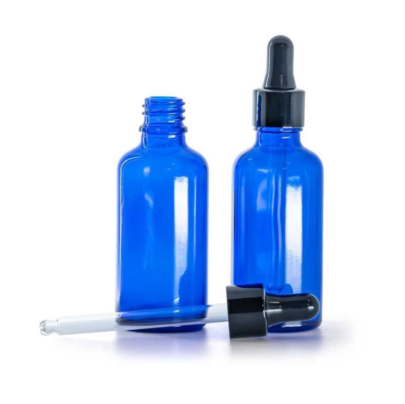 Botella de vidrio, azul, cuentagotas negro brillante, 50 ml