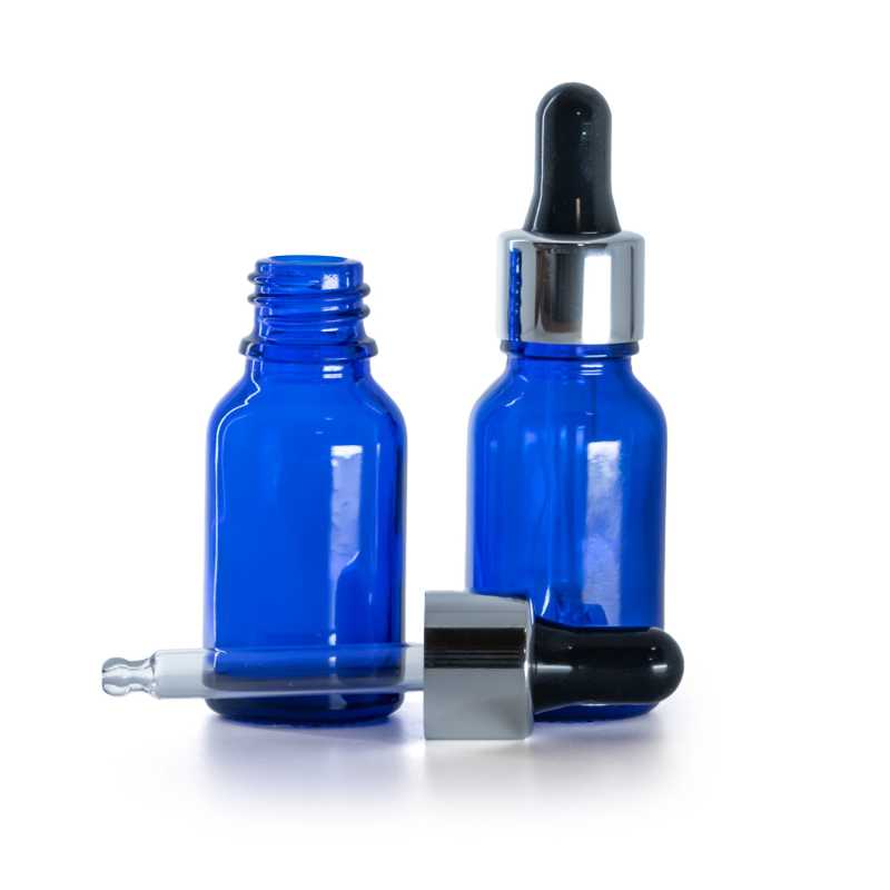 Frasco de vidrio, azul, cuentagotas negro plateado brillante, 15 ml