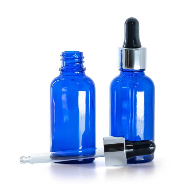 Frasco de vidrio, azul, cuentagotas negro plateado brillante, 30 ml